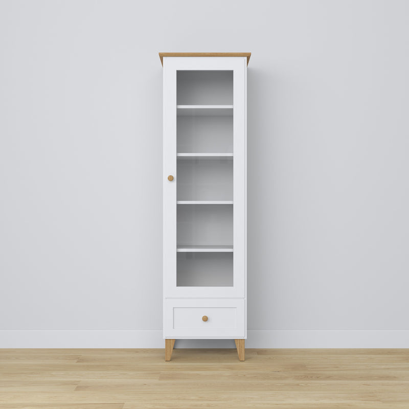 Display cabinet with drawer wooden white with oak 57 cm – living room, Scandinavian style Nizio