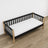 Sofa bed black with oak – wooden legs and base, close-up of details