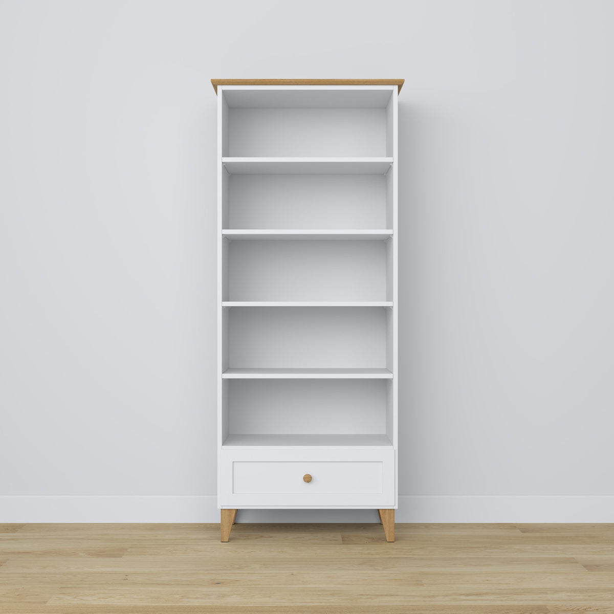 Bookcase 1S 80 white with oak – wooden, full height, front view, Nizio