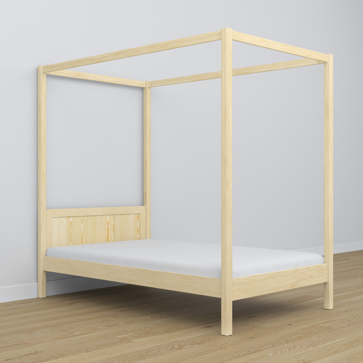 Clear pine canopy bed – decorative wooden frame, safe for children