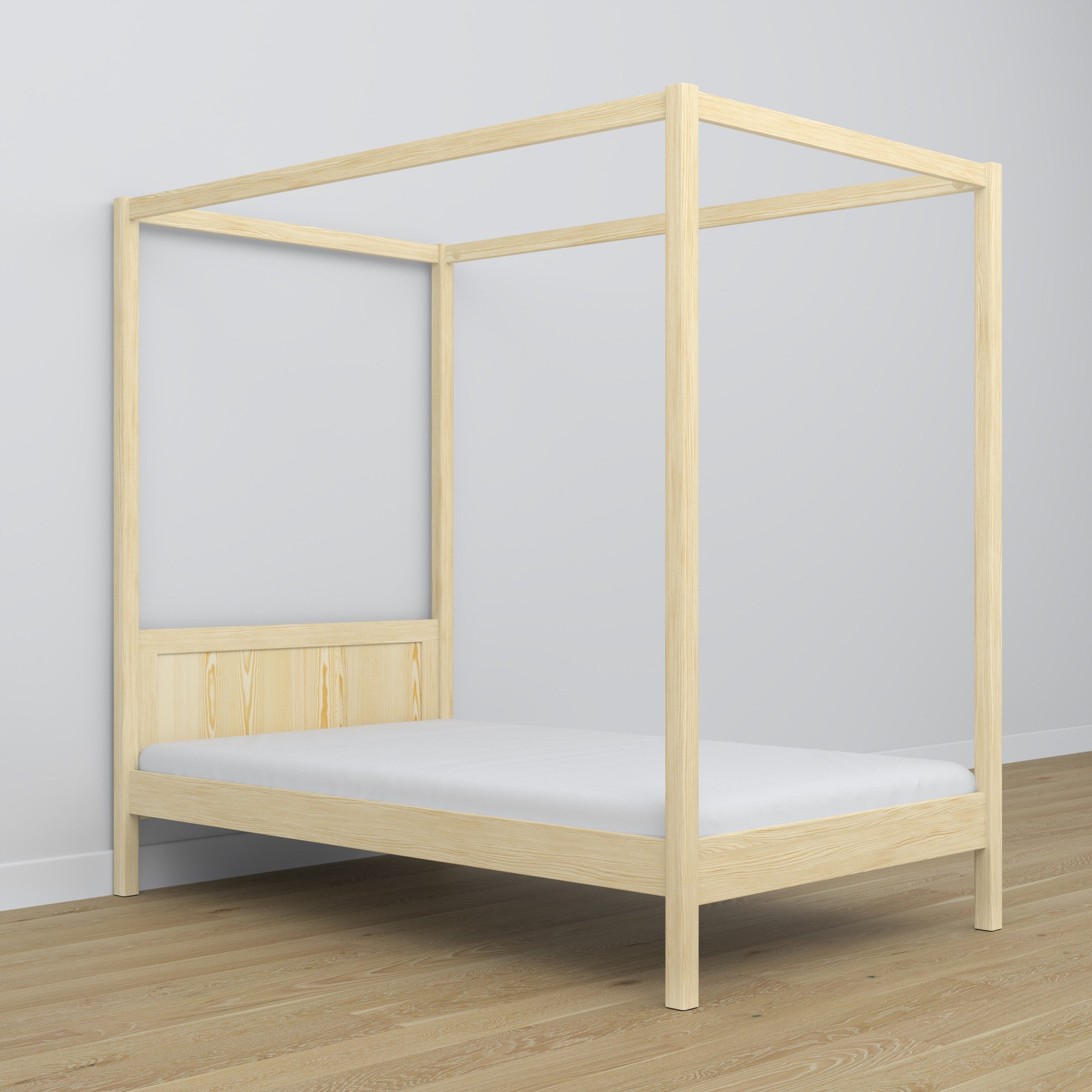 Clear pine canopy bed – decorative wooden frame, safe for children