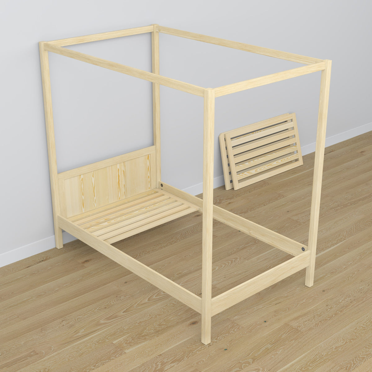 Clear pine canopy bed – wooden details and joints, Nizio Home