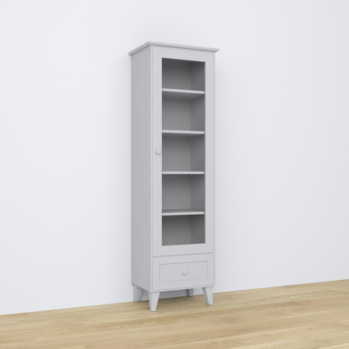 Display cabinet 1S 57 grey – wooden, glass door, front view