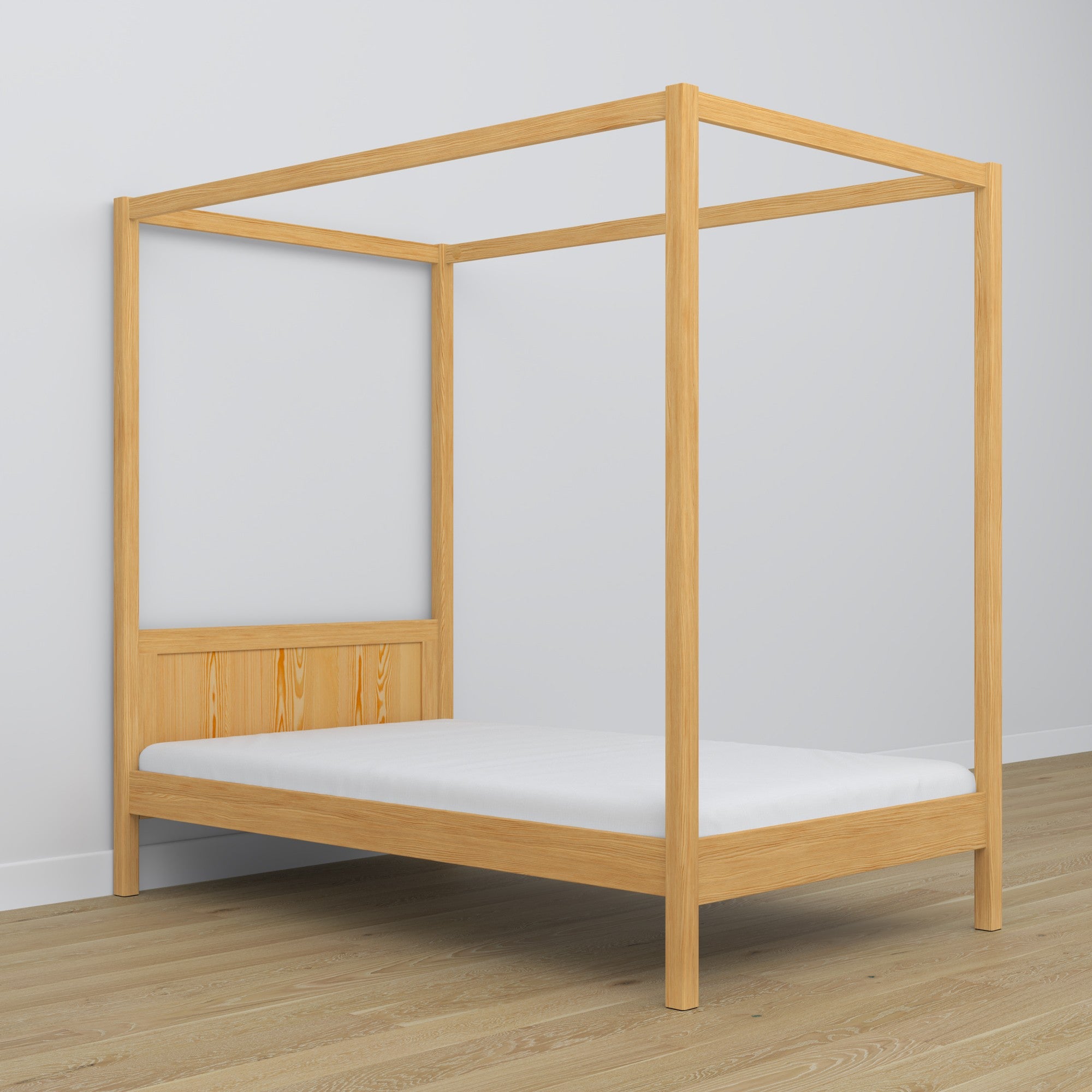 Natural pine canopy bed – decorative wooden frame, safe for children