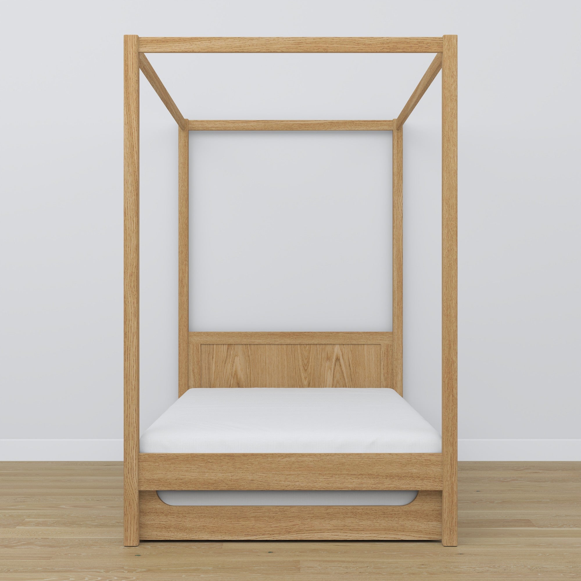 Natural Oak Canopy Bed with Drawer – Side View, Oak, Nizio