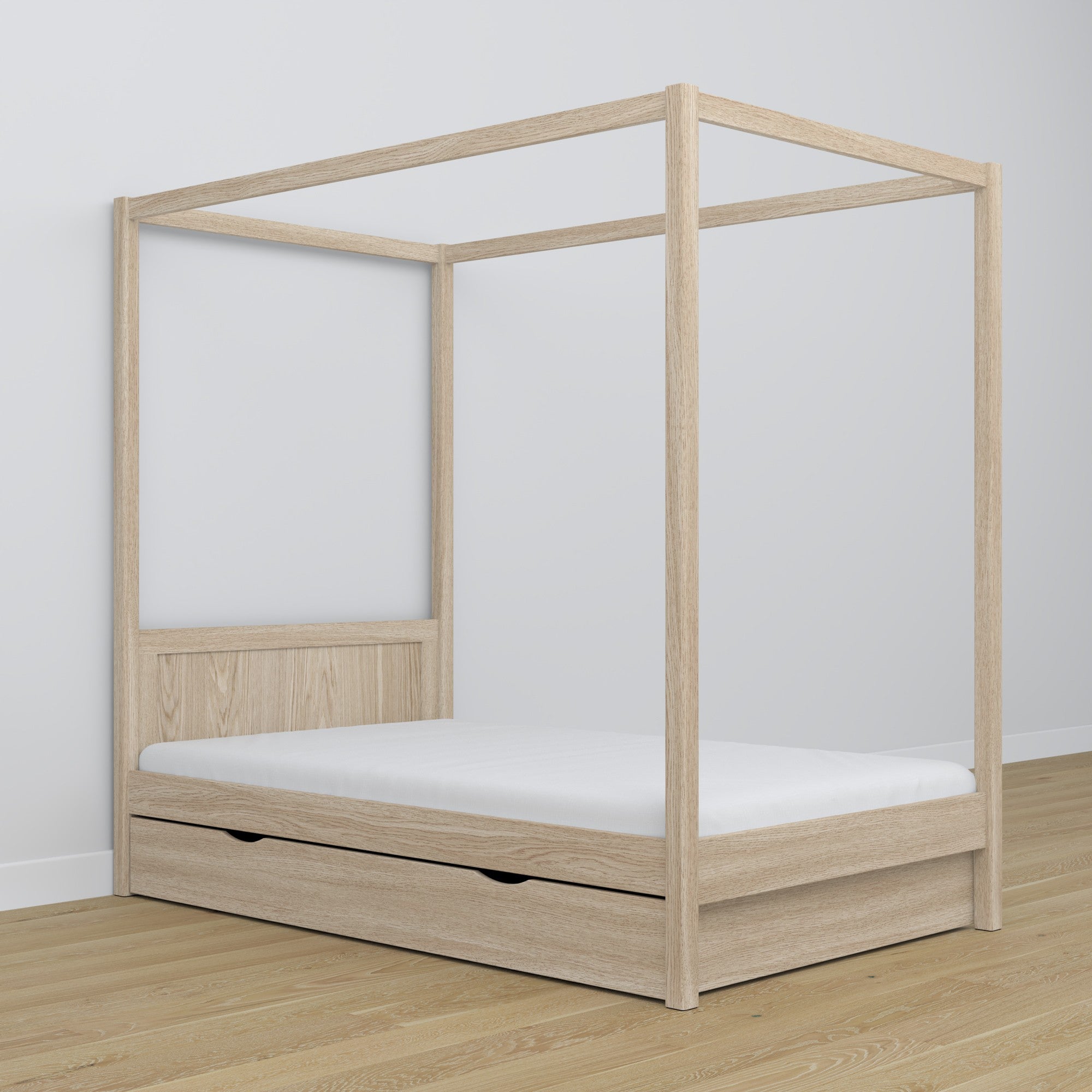 Oak canopy bed bleached oak in a child’s room – scandi arrangement