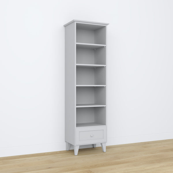 Bookcase 1S 57 grey – wooden, all shelves, front view, Nizio
