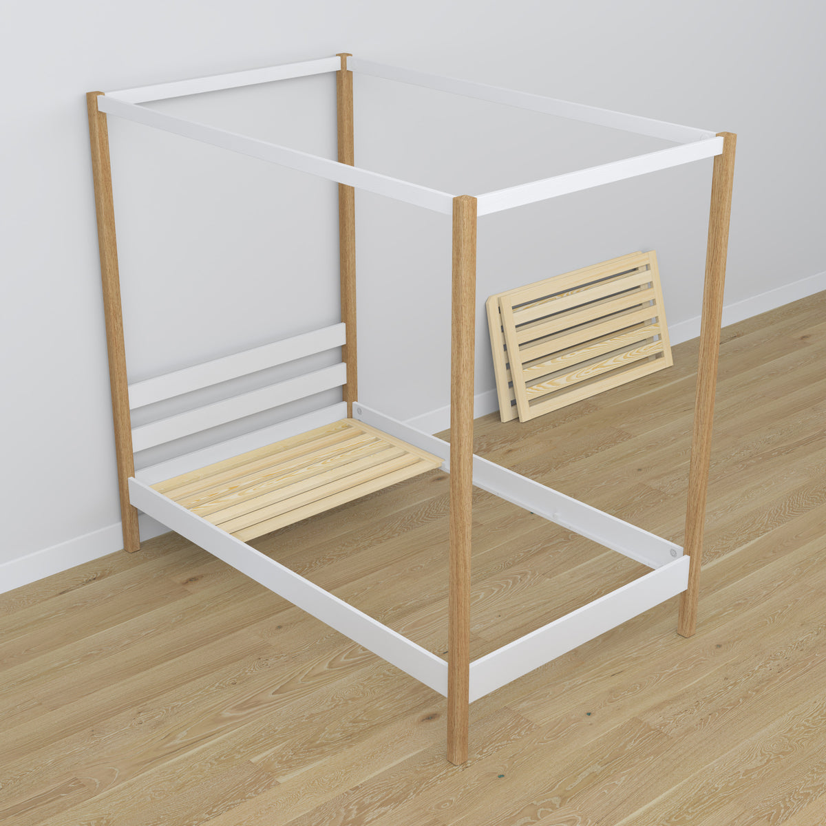 Bed white/oak canopy bed in children’s room – scandi arrangement