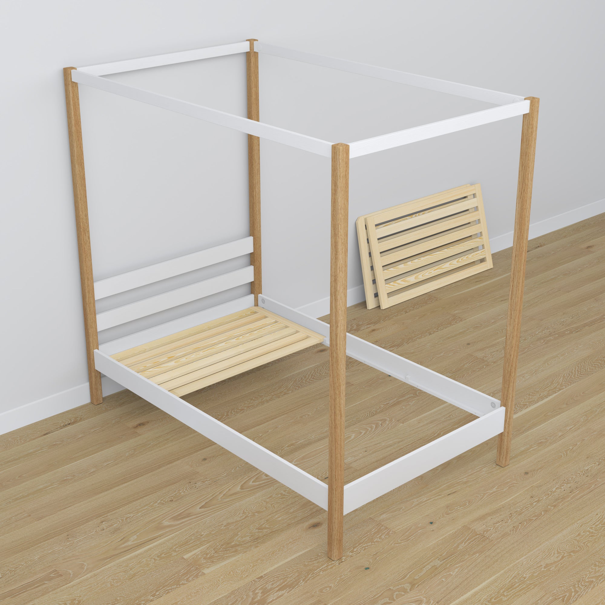 Bed white/oak canopy bed in children’s room – scandi arrangement