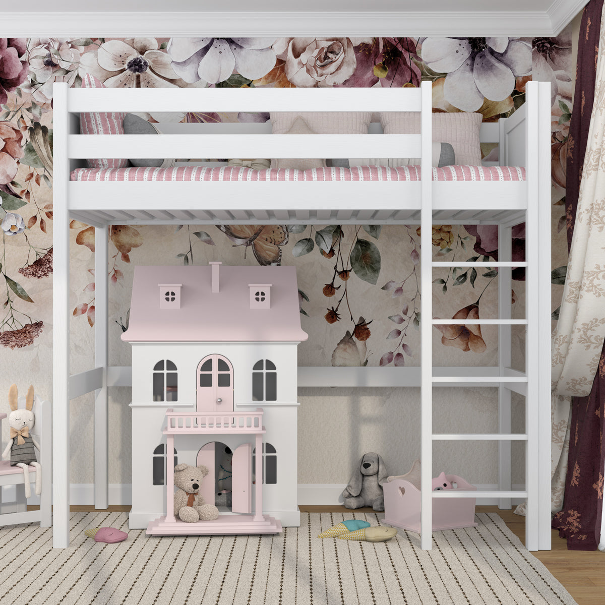 Loft bed white – wooden ladder and safety rail, Nizio Home
