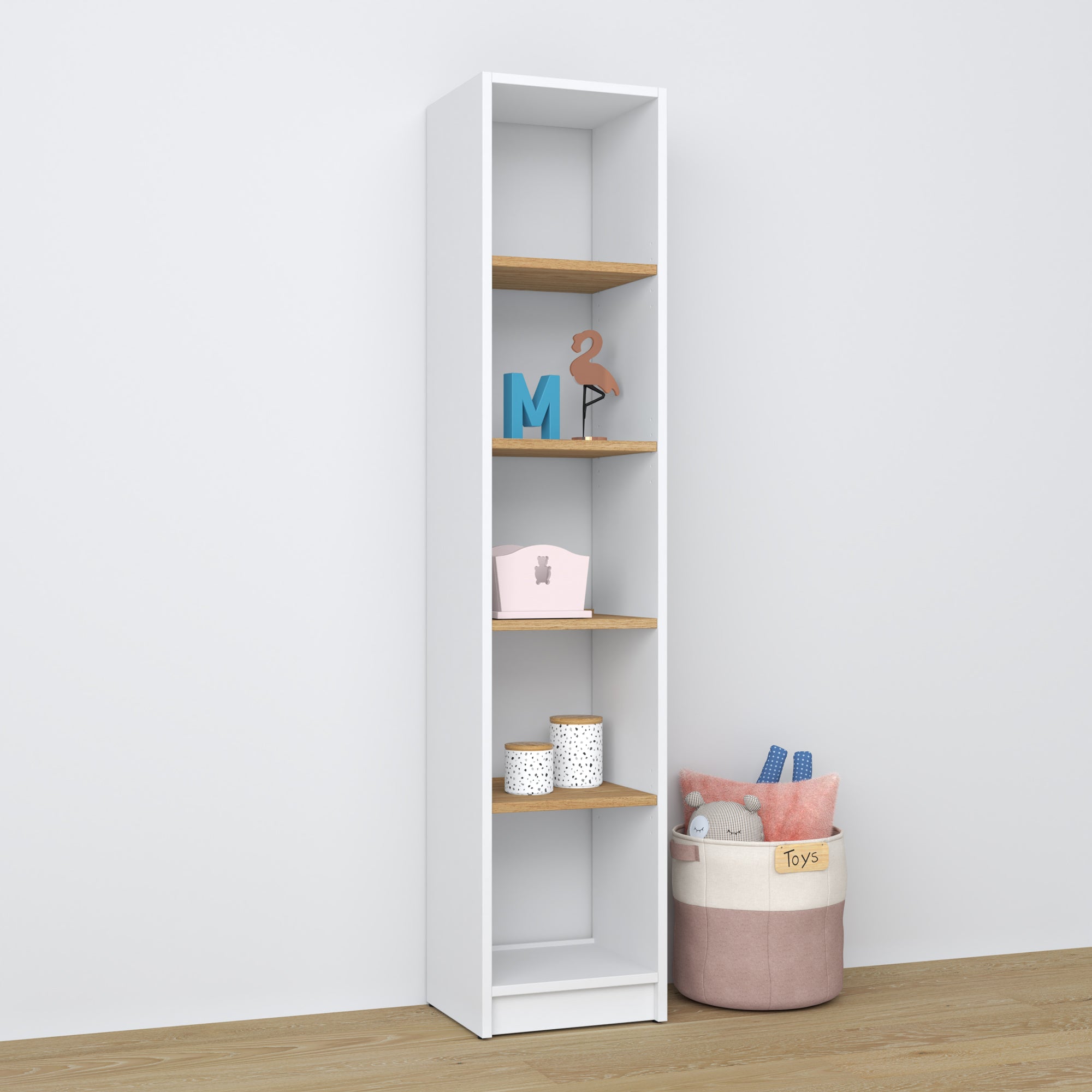 Bookcase white-oak – wooden, front view, all shelves, Nizio