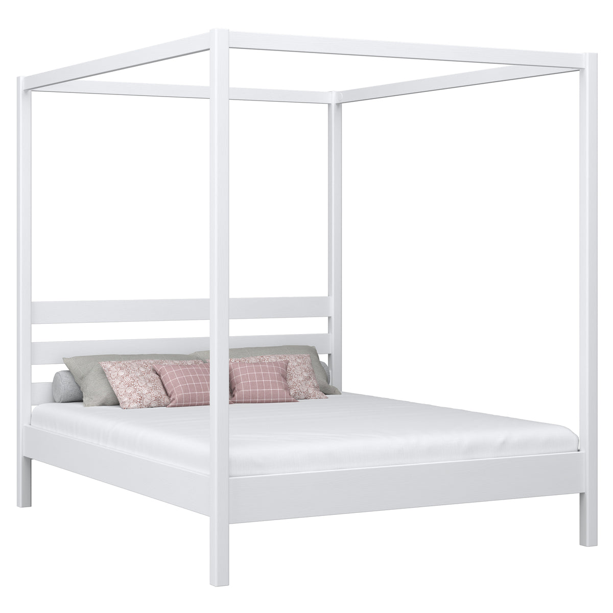 Wooden canopy double bed N01 white – overall view, solid pine wood