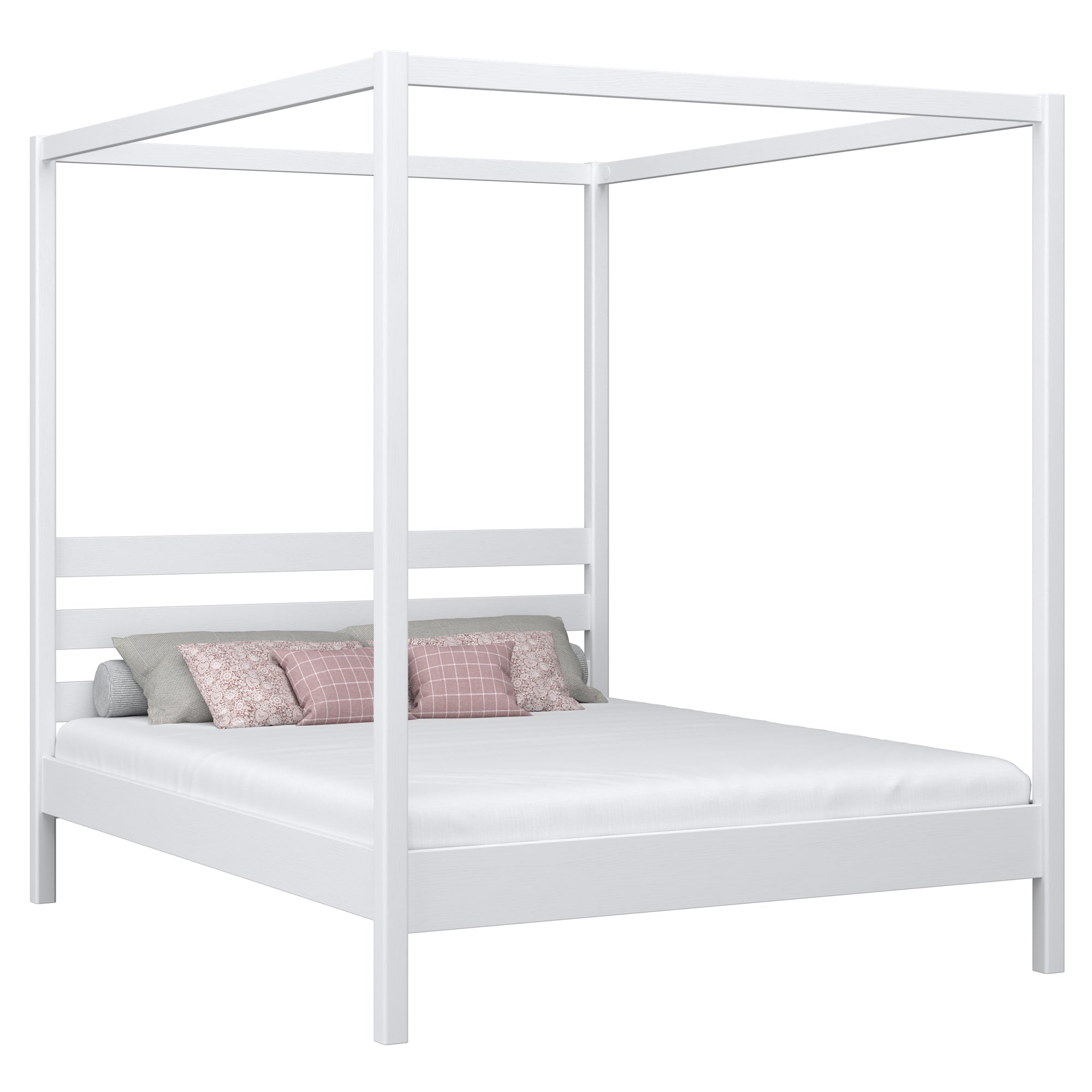 Wooden canopy double bed N01 white – overall view, solid pine wood