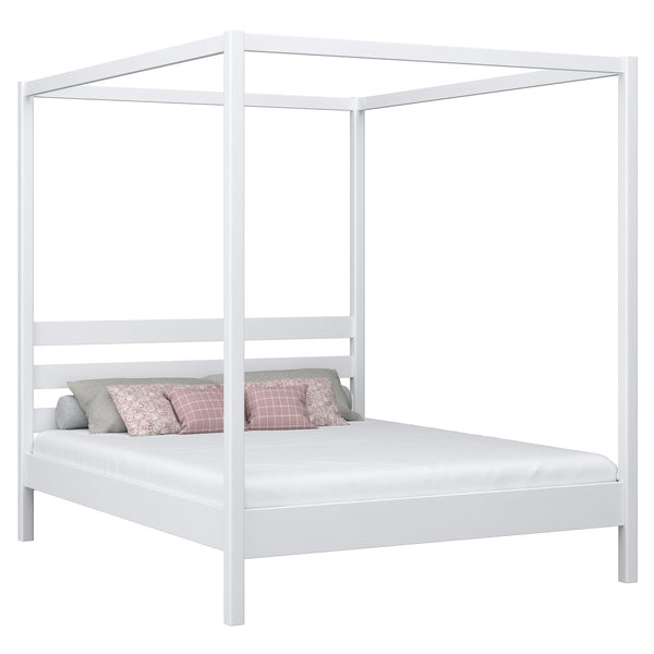 Wooden canopy double bed N01 white – overall view, solid pine wood