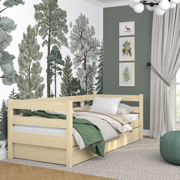 Clear pine sofa bed with drawer – spacious storage, wooden, Nizio