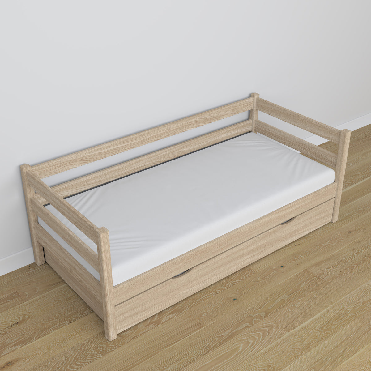Oak sofa bed with drawer bleached oak – scandi child’s room arrangement