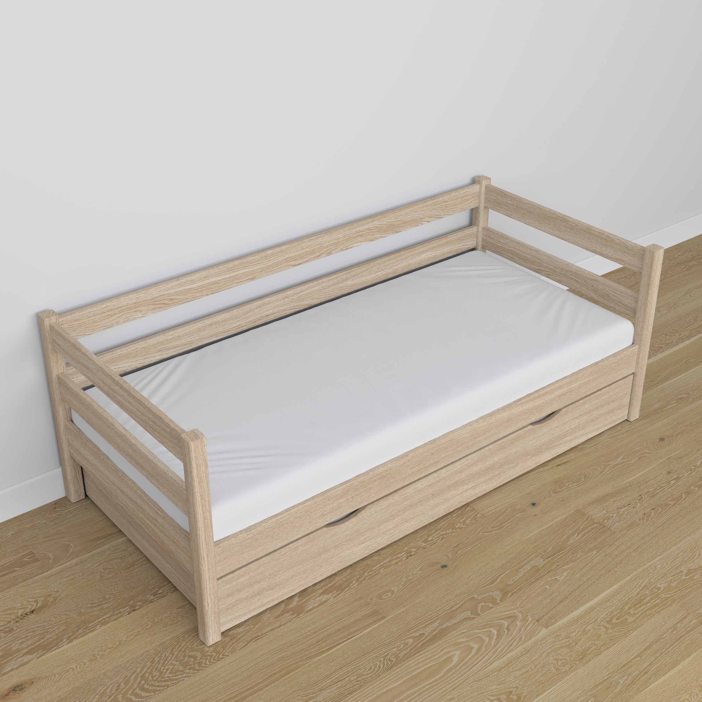 Oak sofa bed with drawer bleached oak – scandi child’s room arrangement