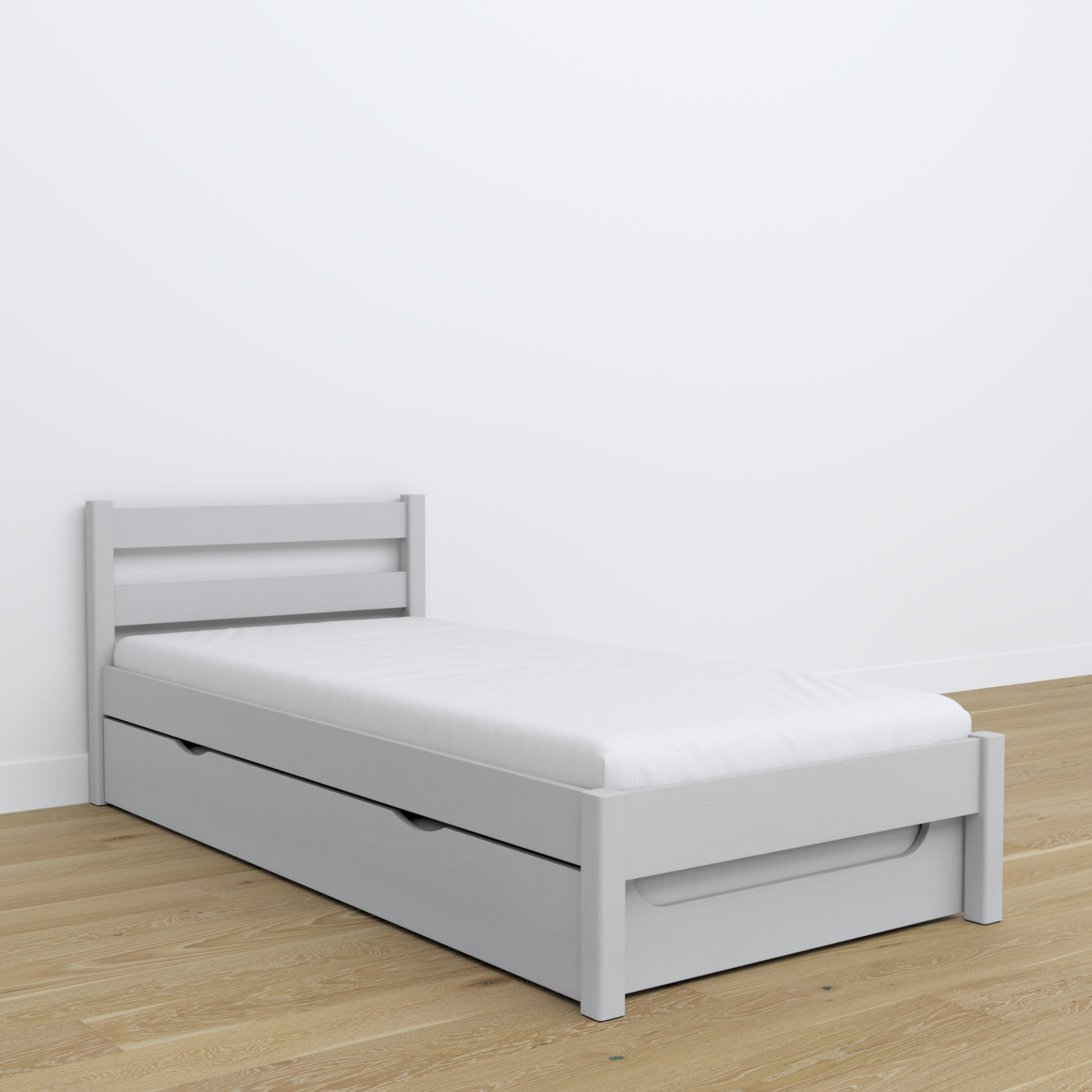 Wooden bed with mattress drawer grey – child’s room arrangement