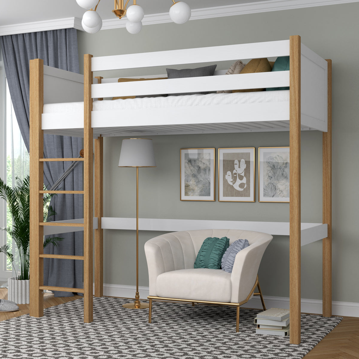 White and Oak Wooden Loft Bed – Free Space Under the Sleeping Area, Nizio