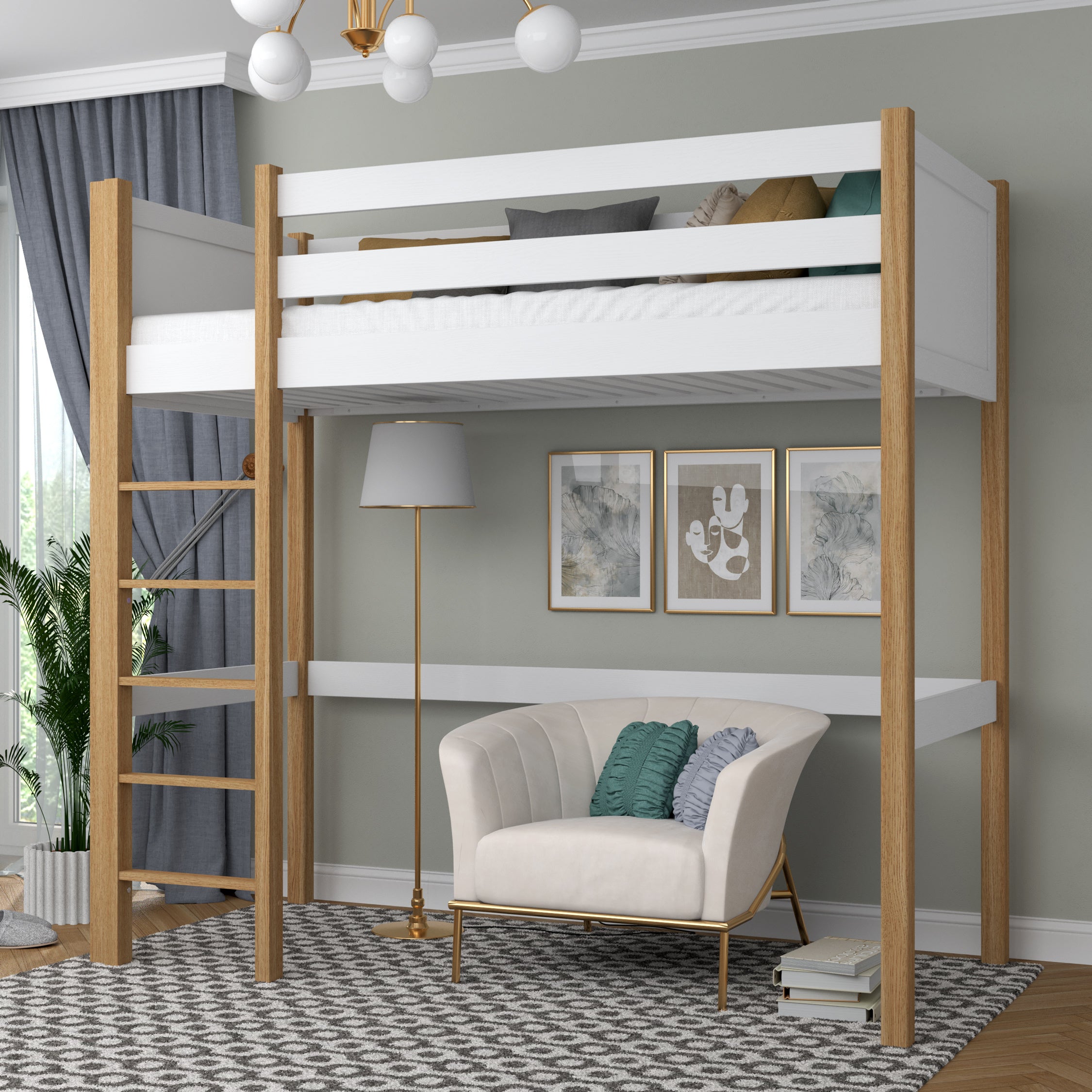 White and Oak Wooden Loft Bed – Free Space Under the Sleeping Area, Nizio