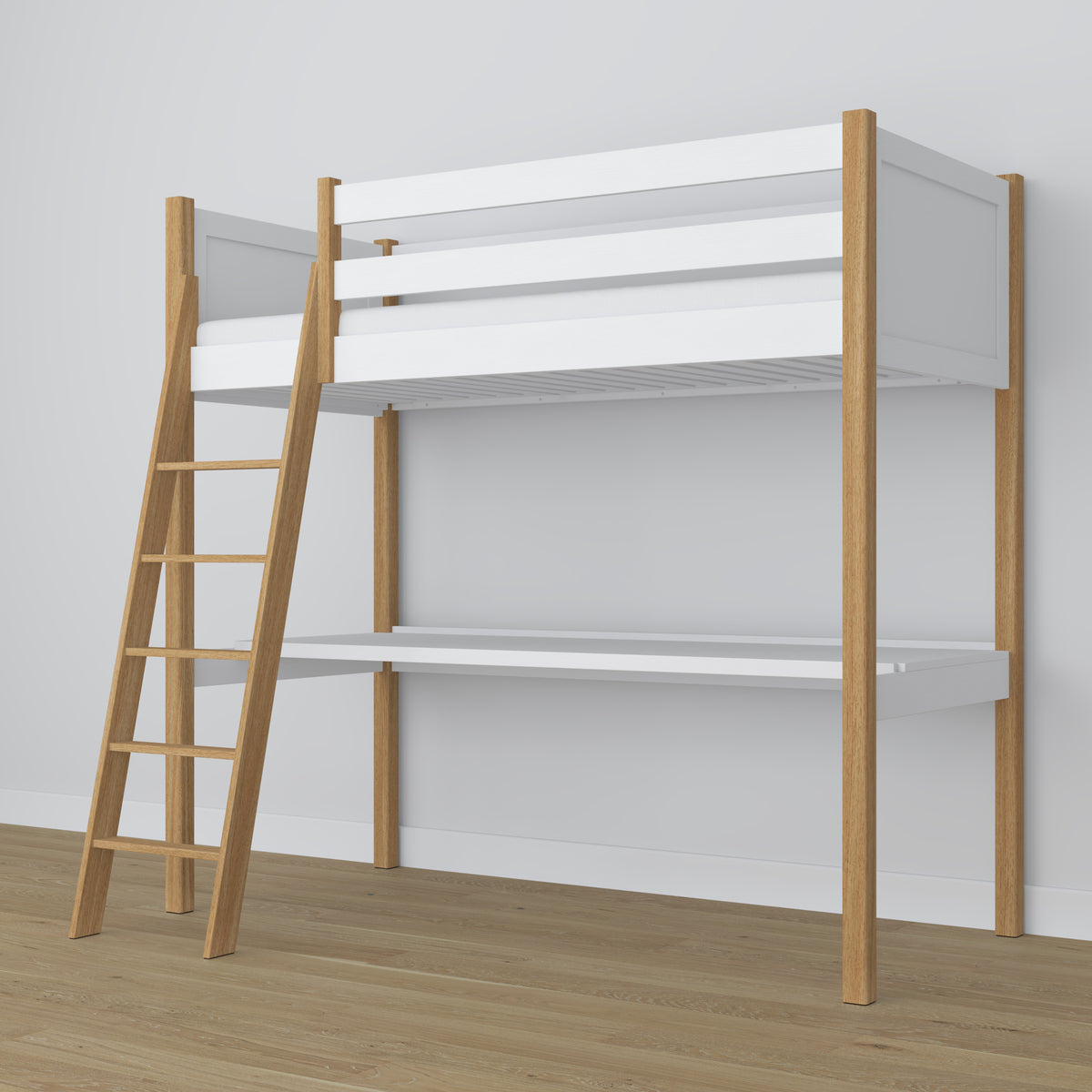 White and Oak Wooden Loft Bed with Desk – Frame and Slats, Nizio