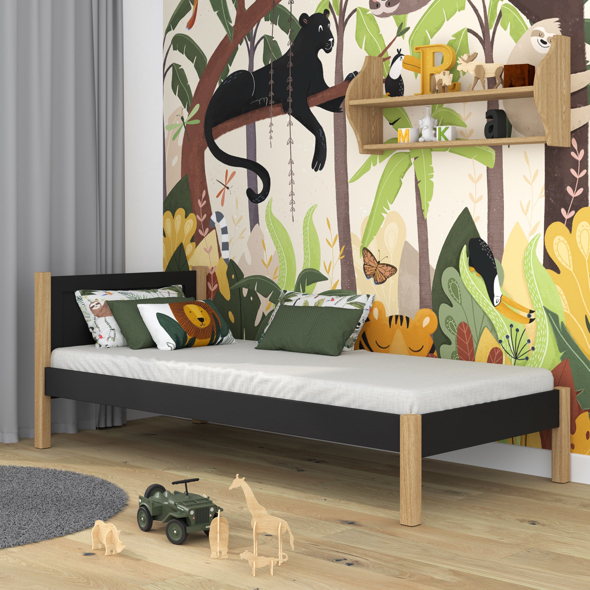 Single wooden bed black-oak – side view, furniture proportions
