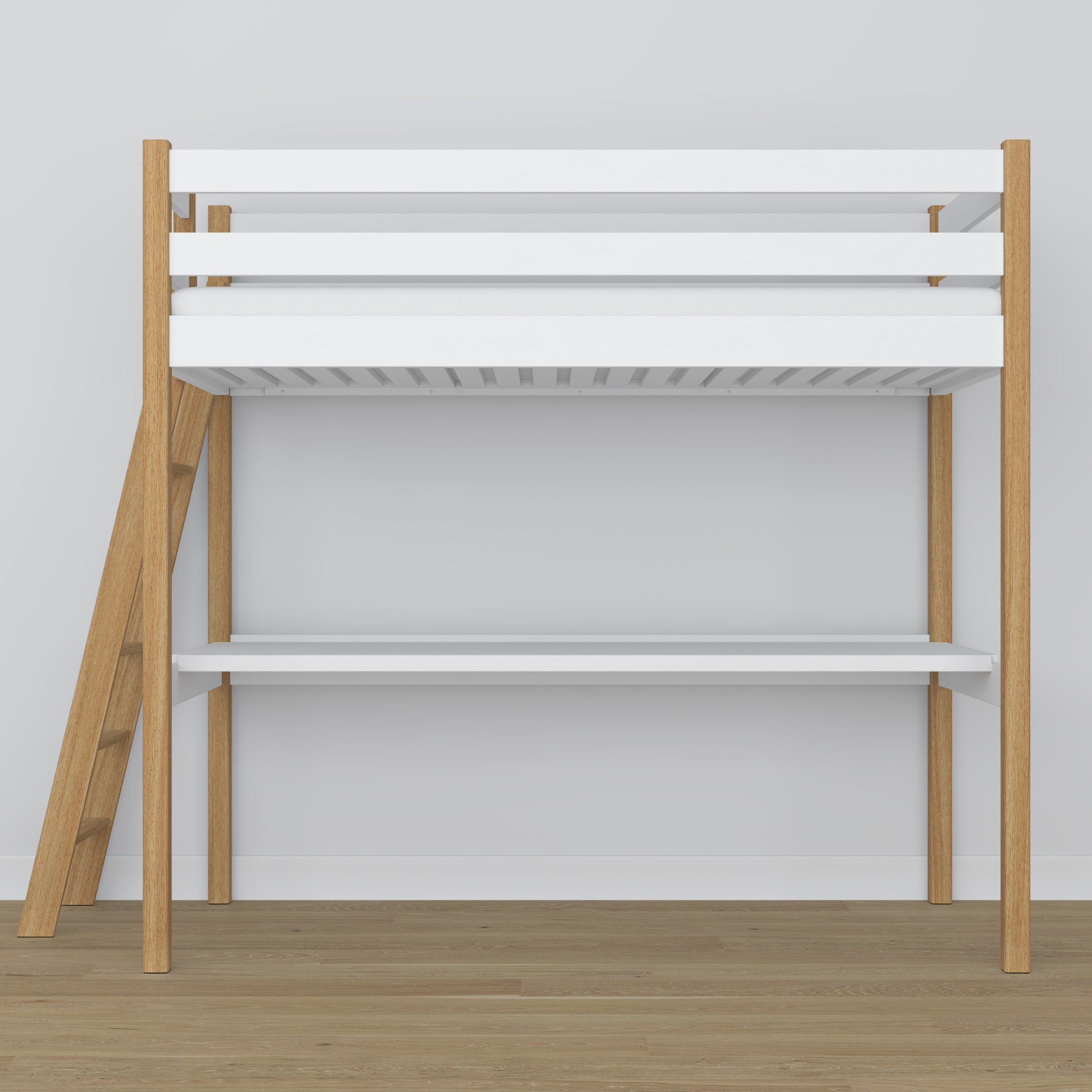 Loft bed white/oak with desk – study space under the sleeping area, wooden