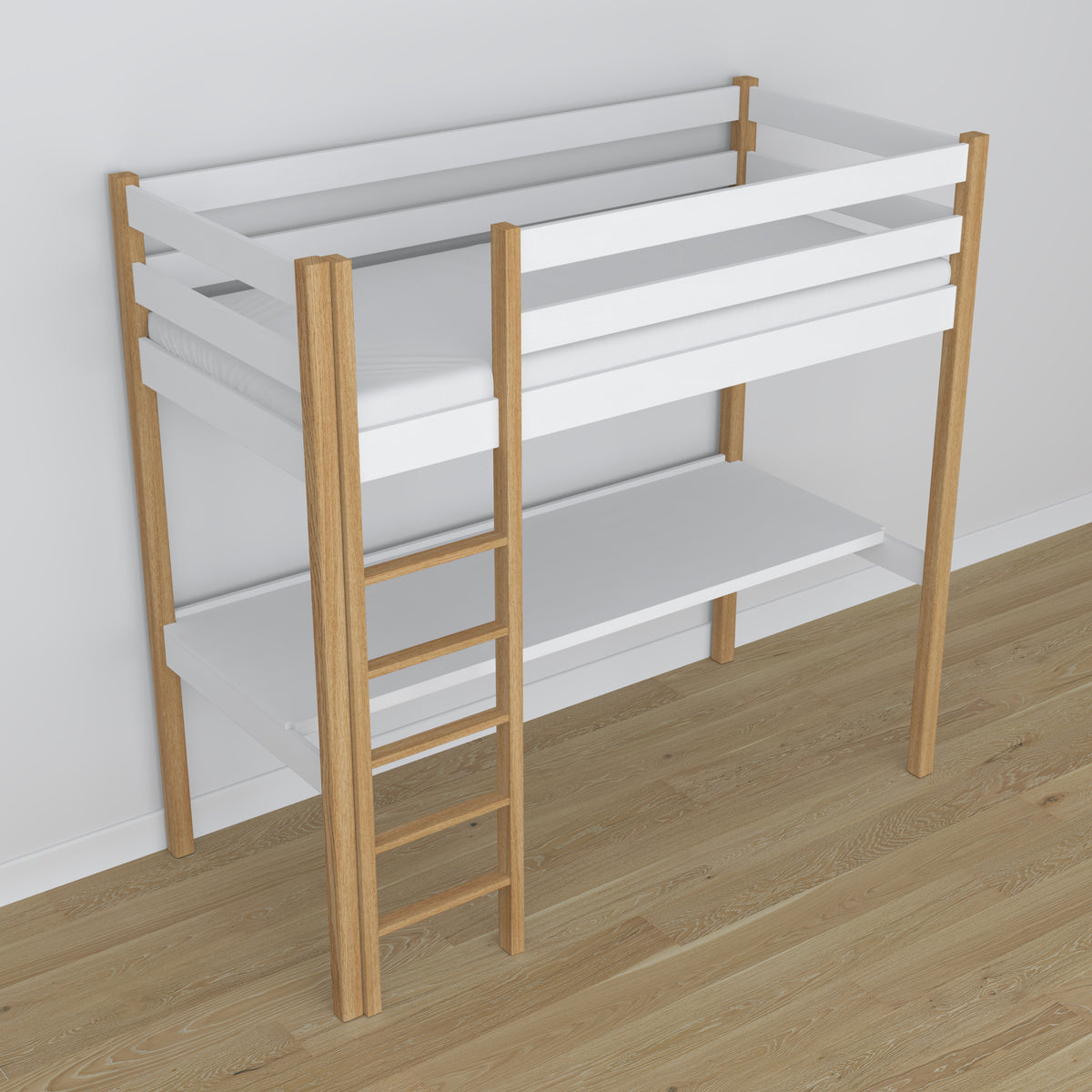 Loft bed white/oak wooden – top view of the sleeping area, Nizio