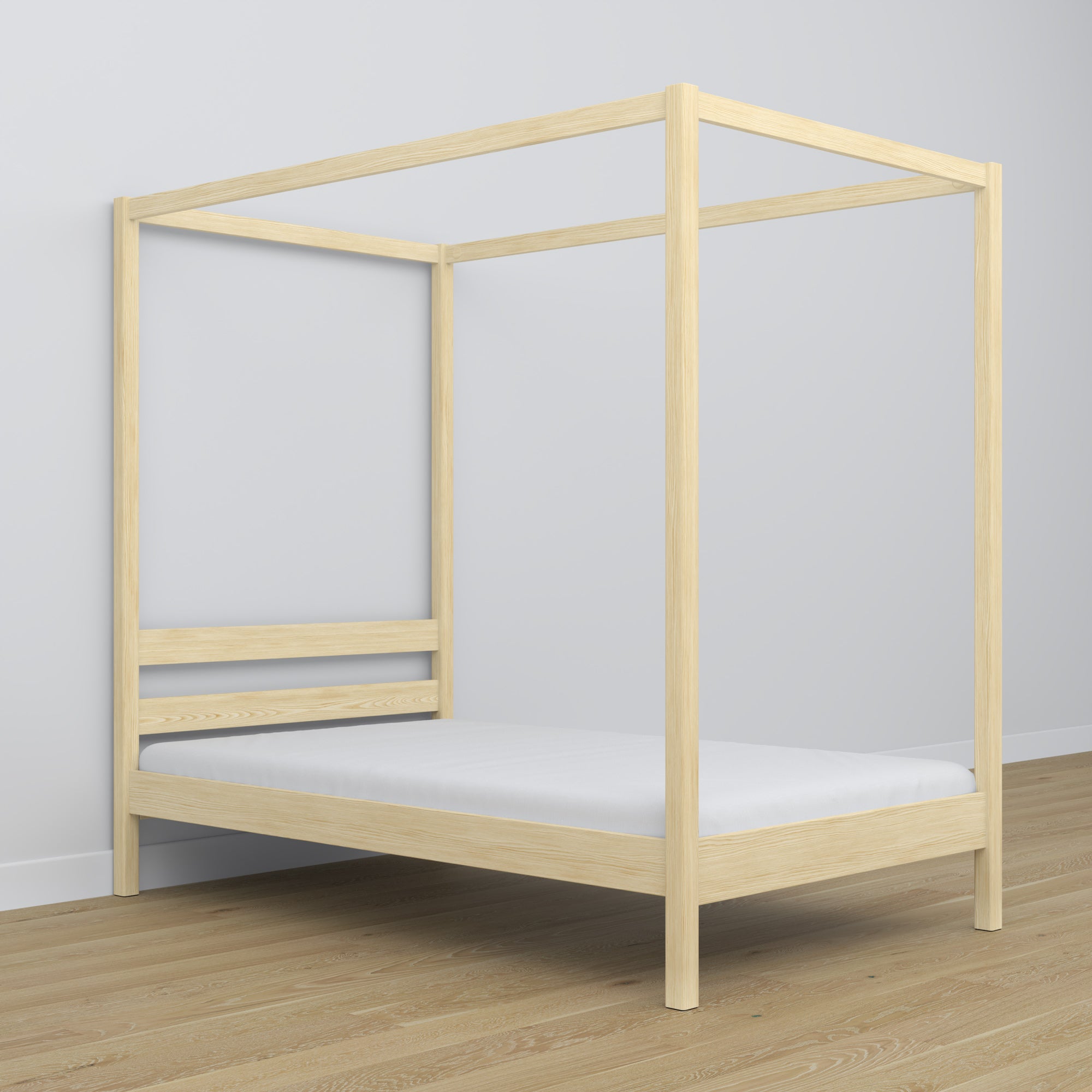 Clear pine canopy bed – decorative wooden frame, safe for children