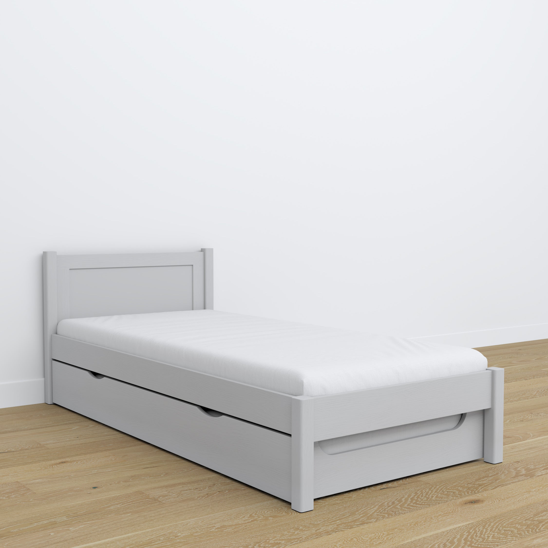 Wooden bed with mattress drawer grey – child’s room arrangement