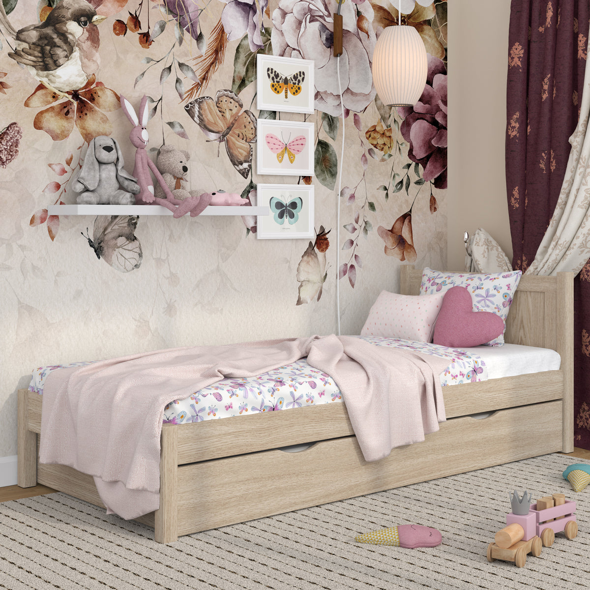 Bleached Oak Bed with Drawer for Additional Mattress – Oak, for Children, Nizio