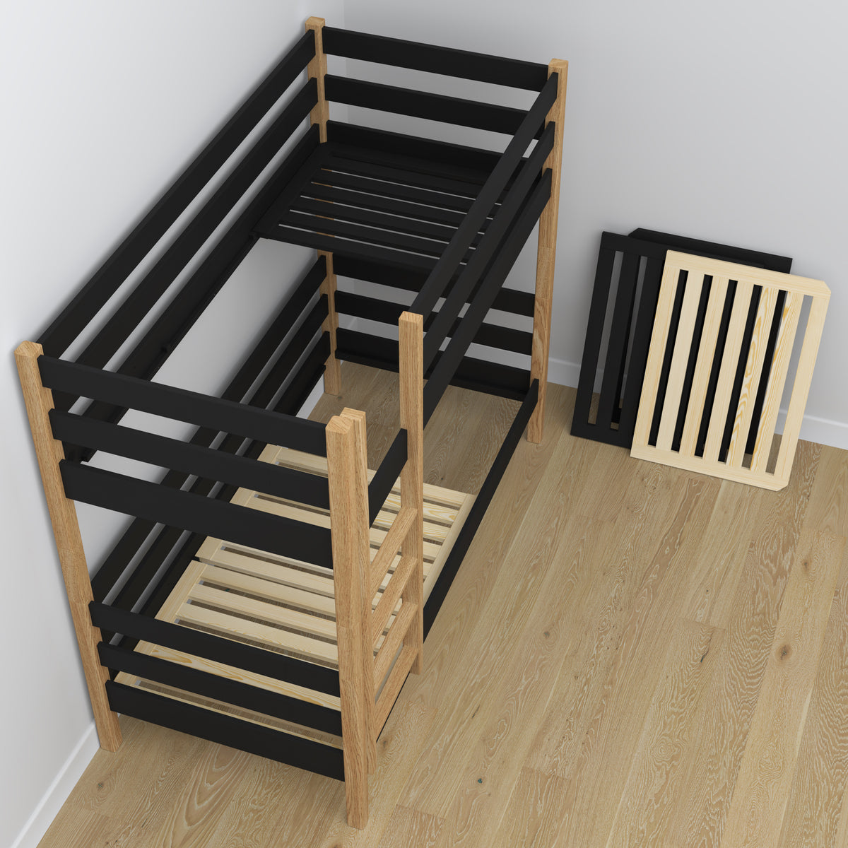 Bunk Bed with Mattress Drawer Black and Oak Wooden – Solid Wood, Scandi Style