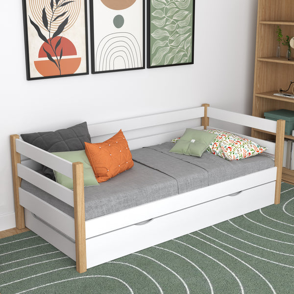 Sofa bed white-oak with mattress drawer – wooden, Nizio Home