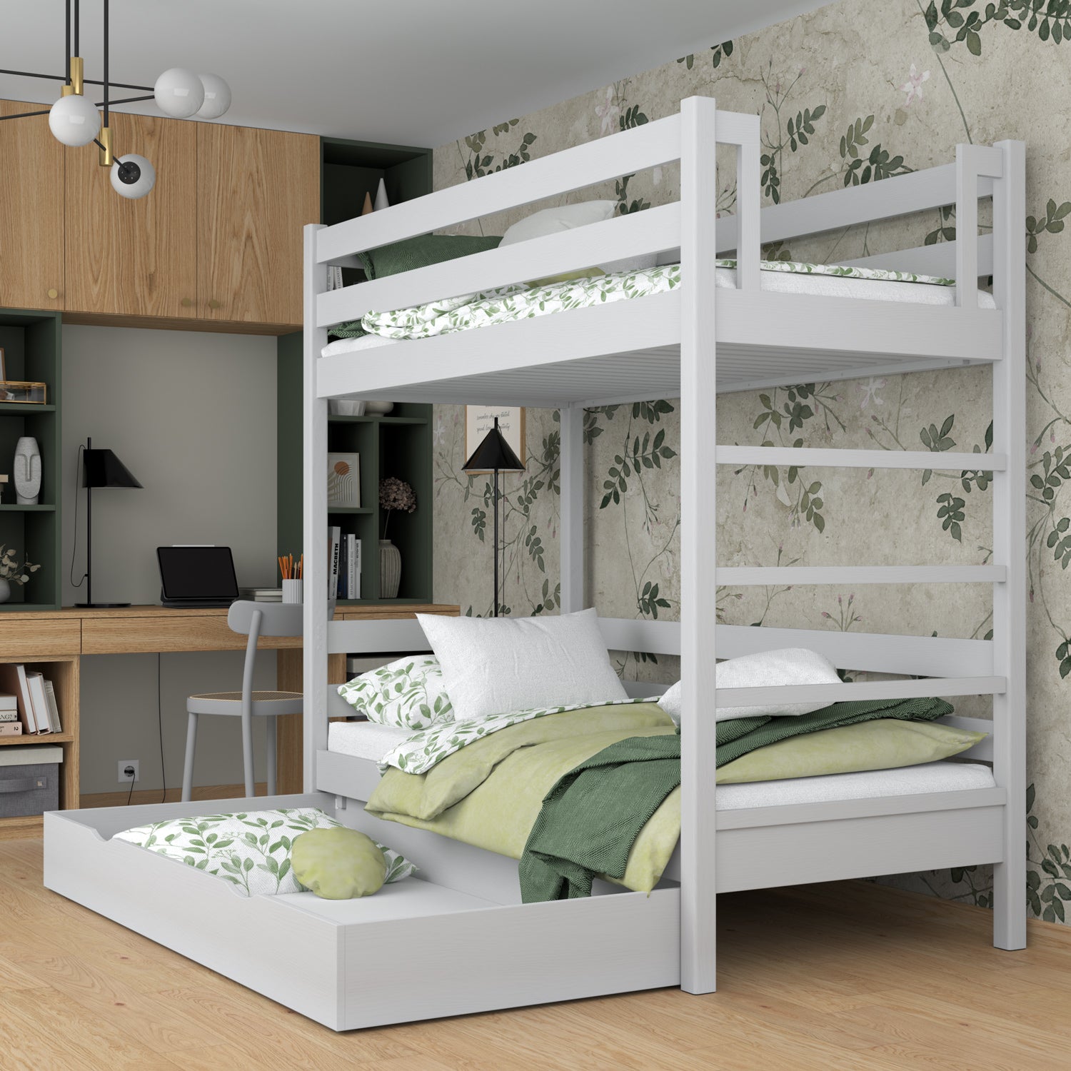 Grey Wooden Bunk Bed – Open Drawer, Spacious Storage Under the Bed