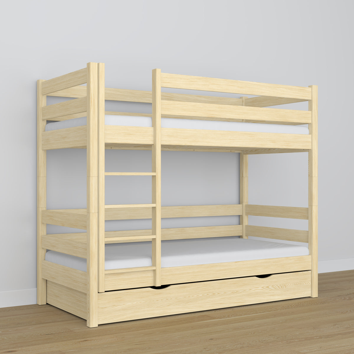 Clear Pine Wooden Bunk Bed with Drawer – Scandinavian Design, Nizio