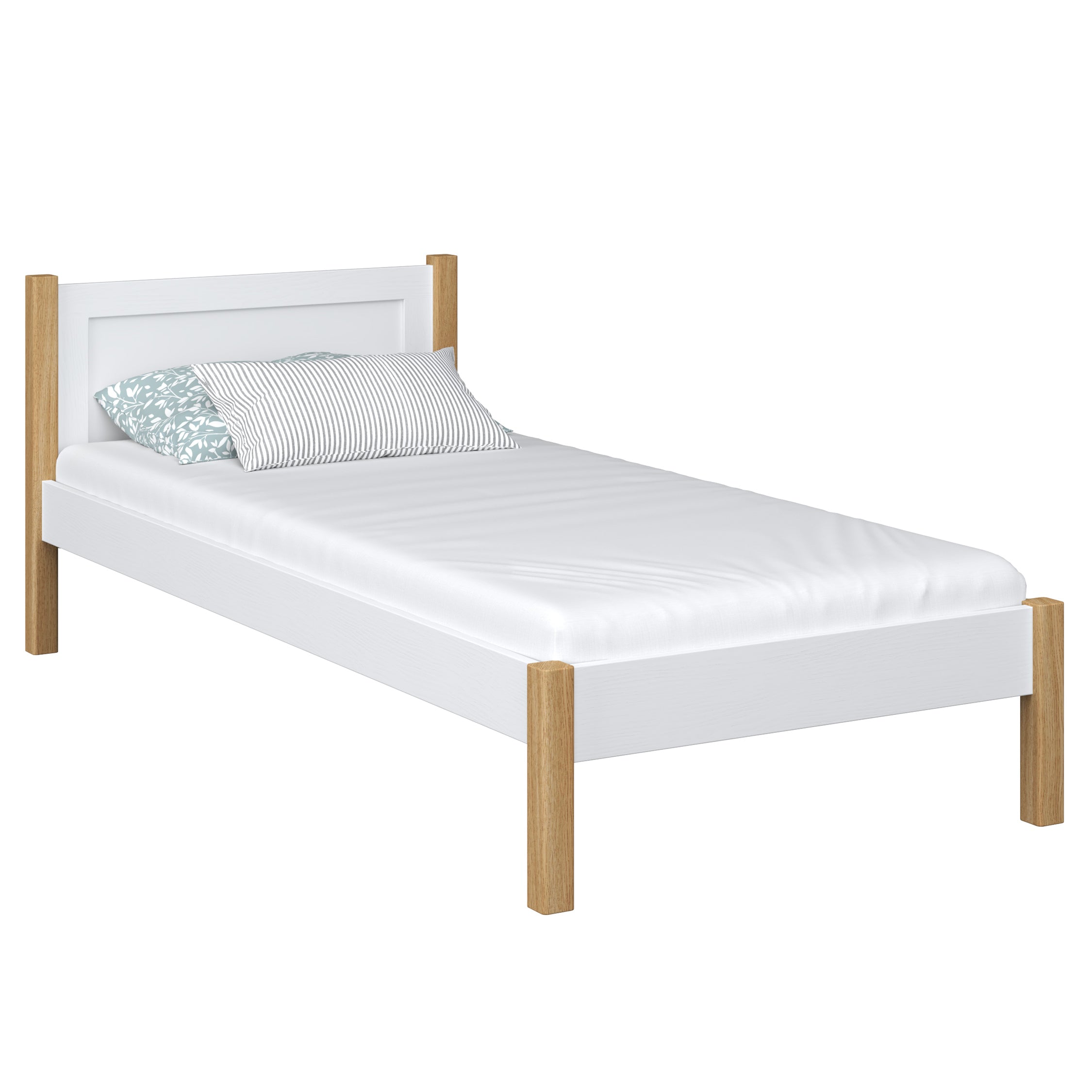 Bed white/oak – wooden headboard, close-up on wood quality, Nizio