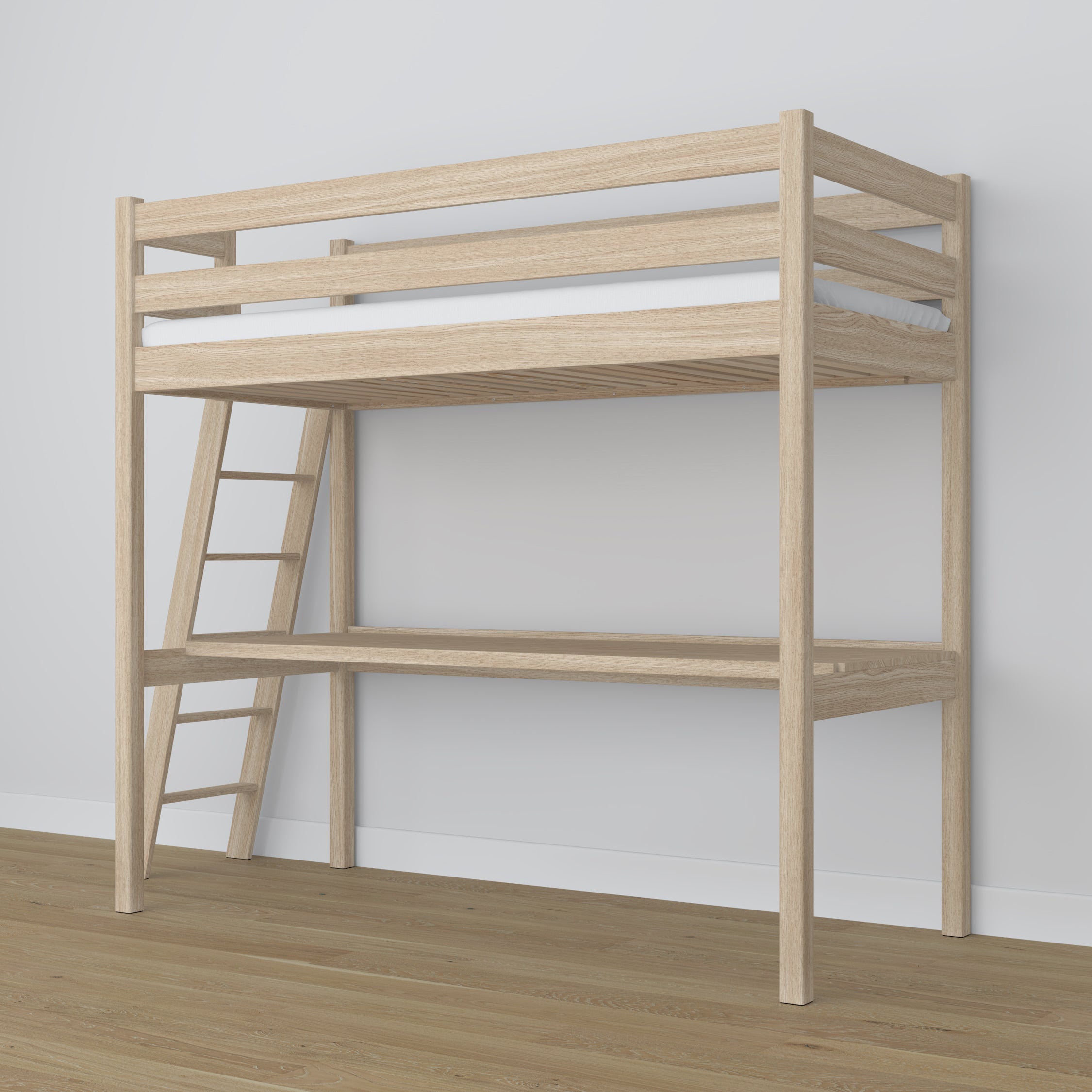 Oak Loft Bed with Desk Bleached Oak – Ladder and Safety Rail