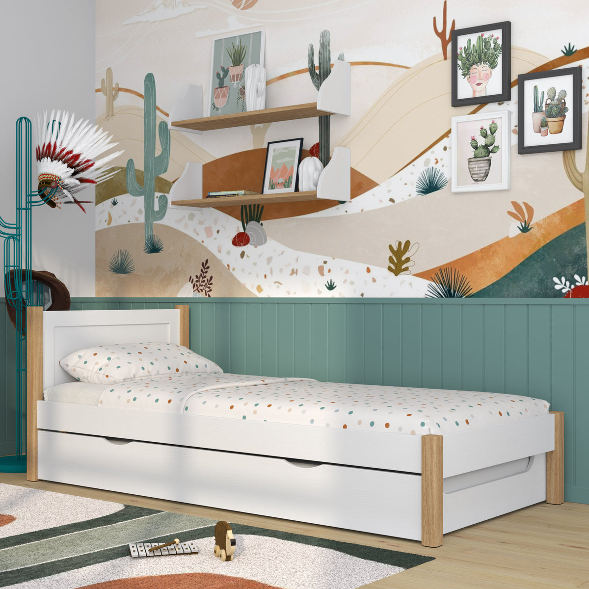 Bed white/oak with drawer for extra mattress – wooden, for children Nizio
