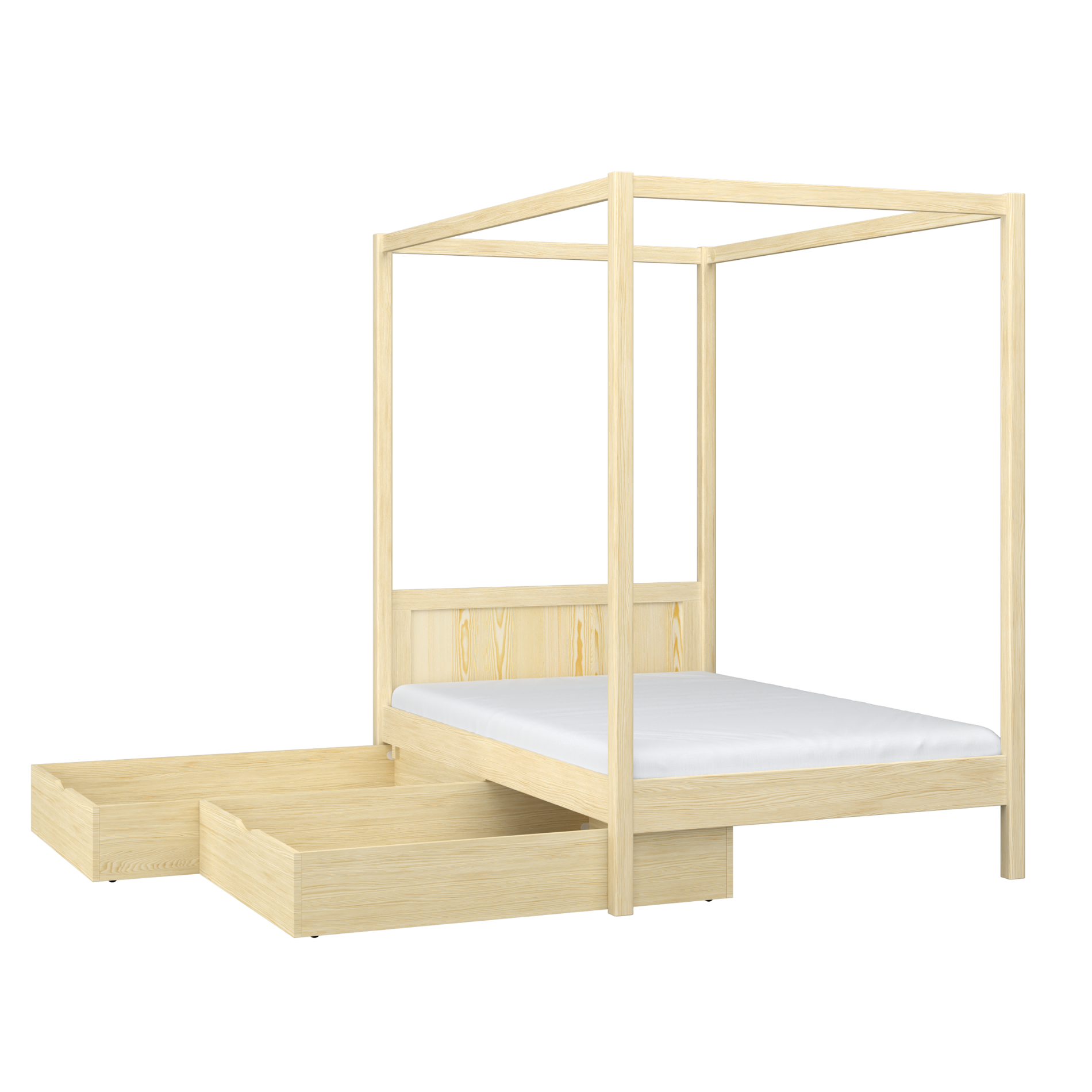 Clear pine canopy bed with drawer – side view, wooden