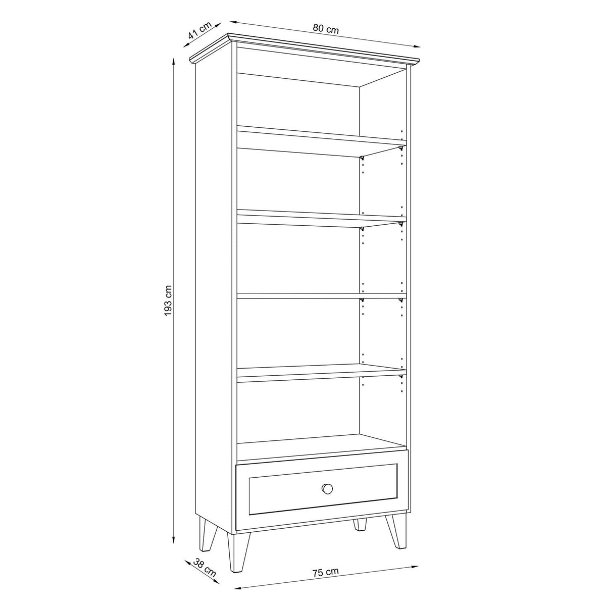 Bookcase 1S pine clear pine – angled view, scandi