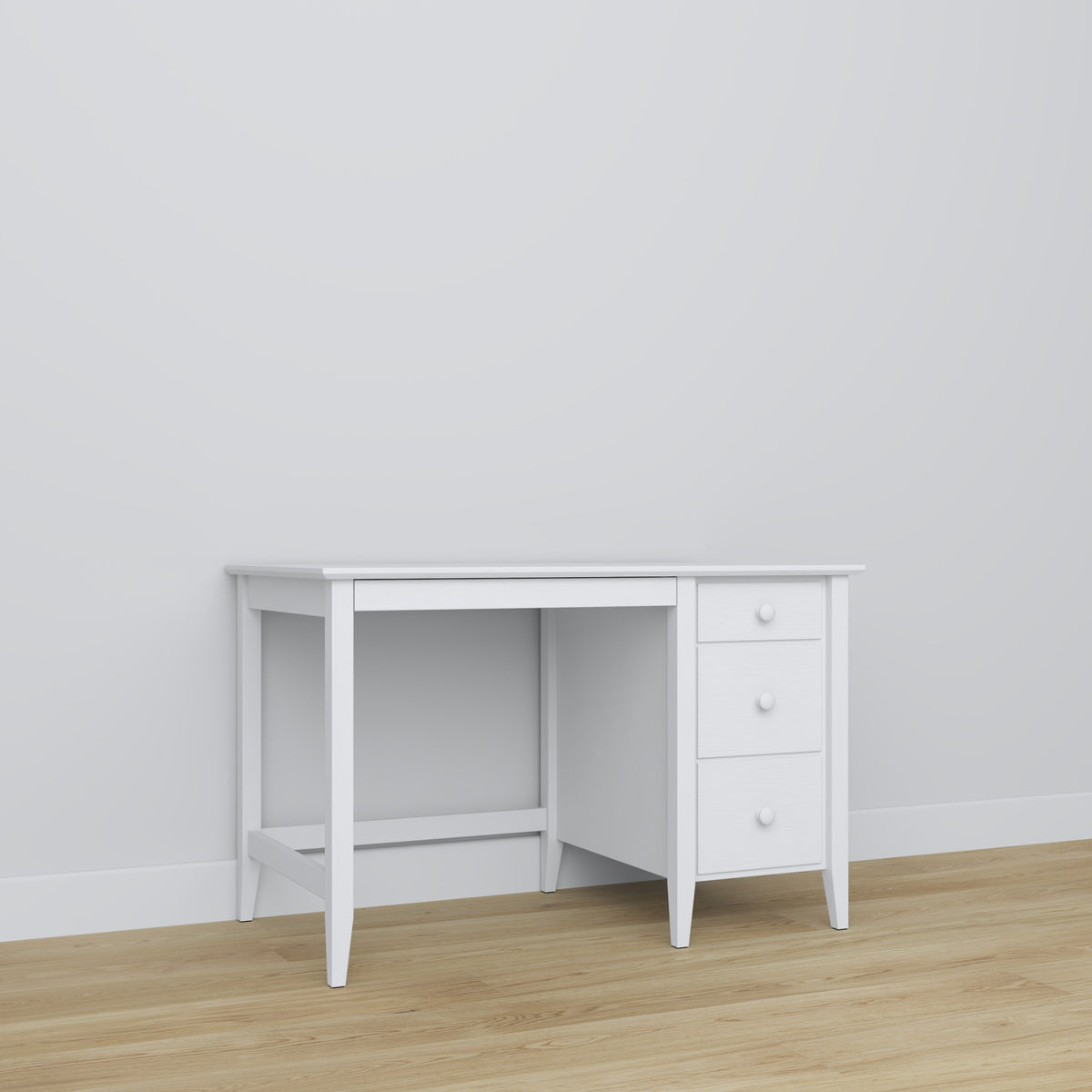 Desk 3S white – tabletop and drawers, close-up of wooden finish, Nizio