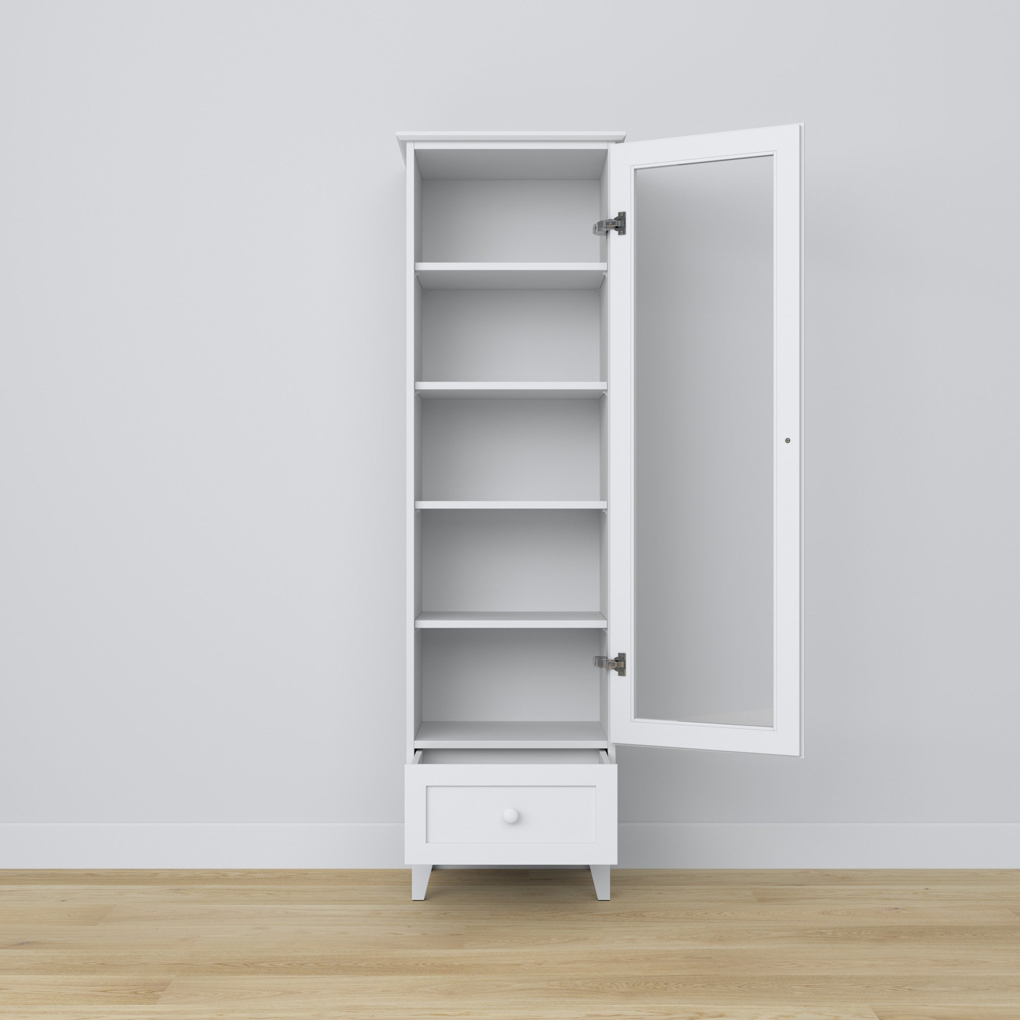 Display cabinet 1S 57 white – wooden, glass door, front view