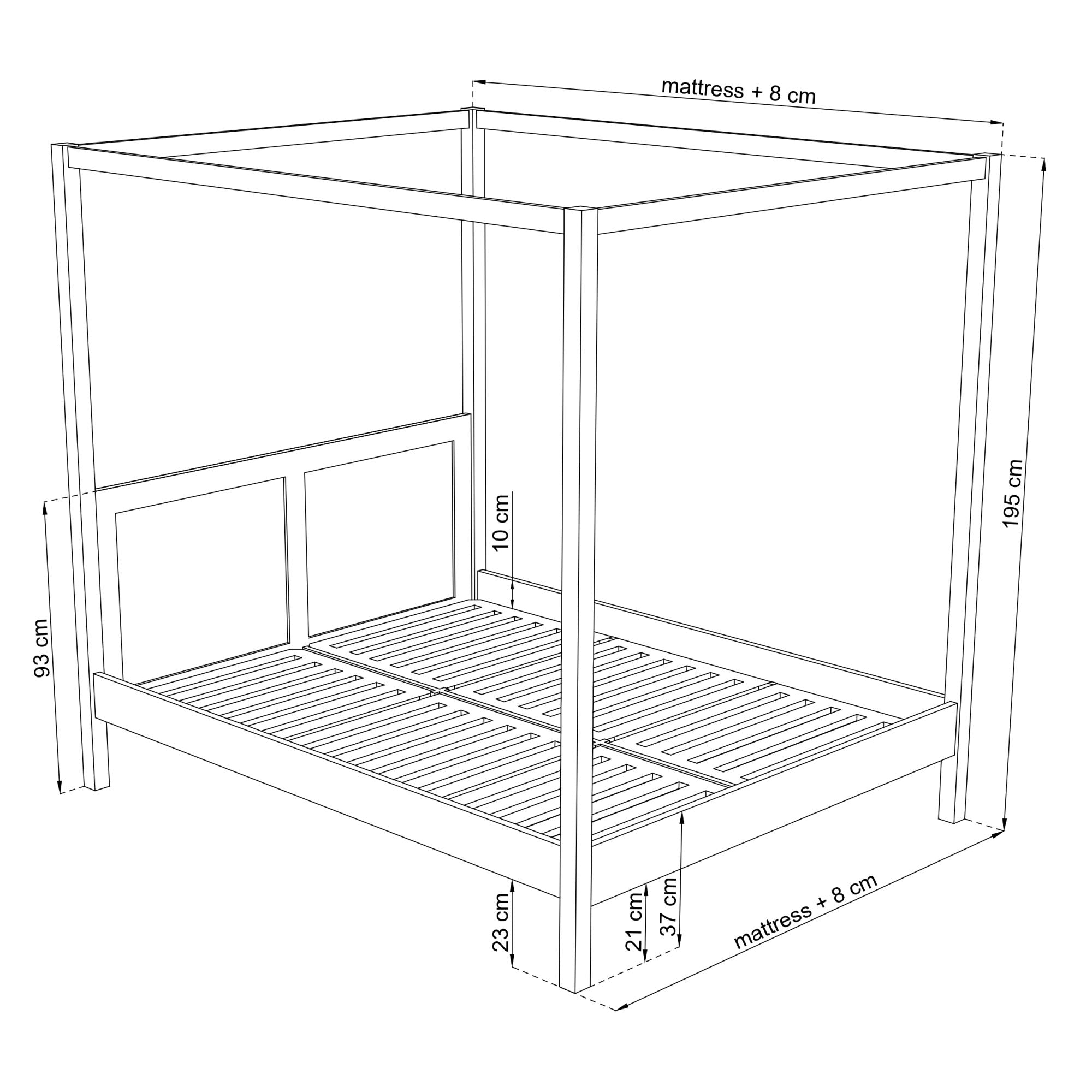 Wooden double bed with canopy black and oak – legs, close-up of details