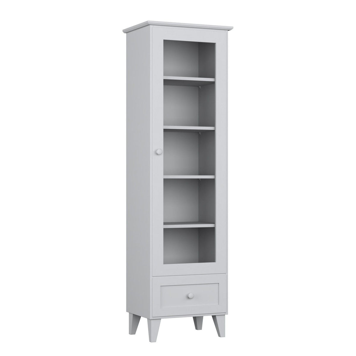 Display cabinet 1S 57 grey made of wood – angled view, scandi