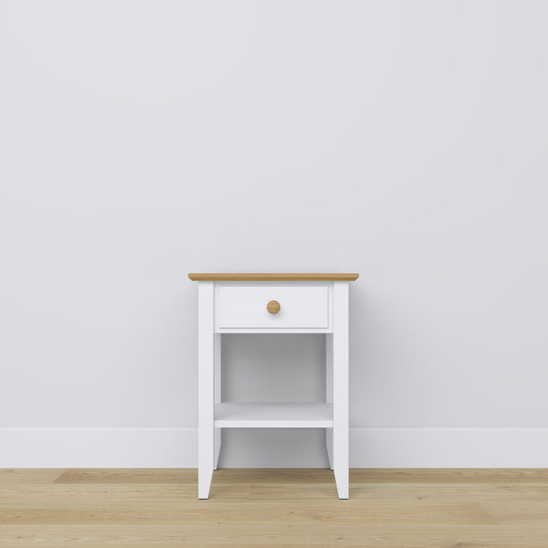 Bedside table with drawer N01 wooden white with oak – bedroom, Scandinavian style