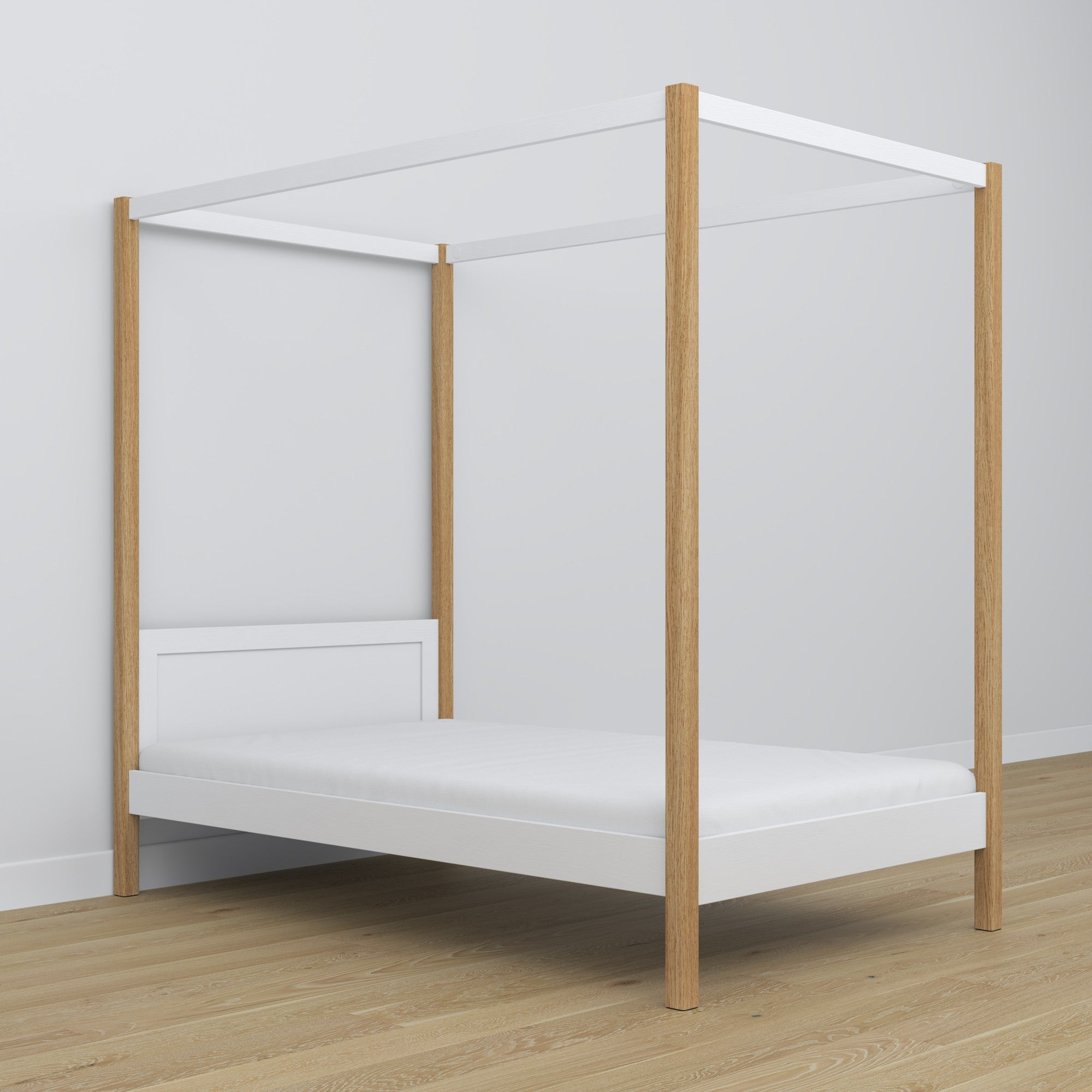 Bed white/oak canopy bed – decorative wooden frame, safe for children