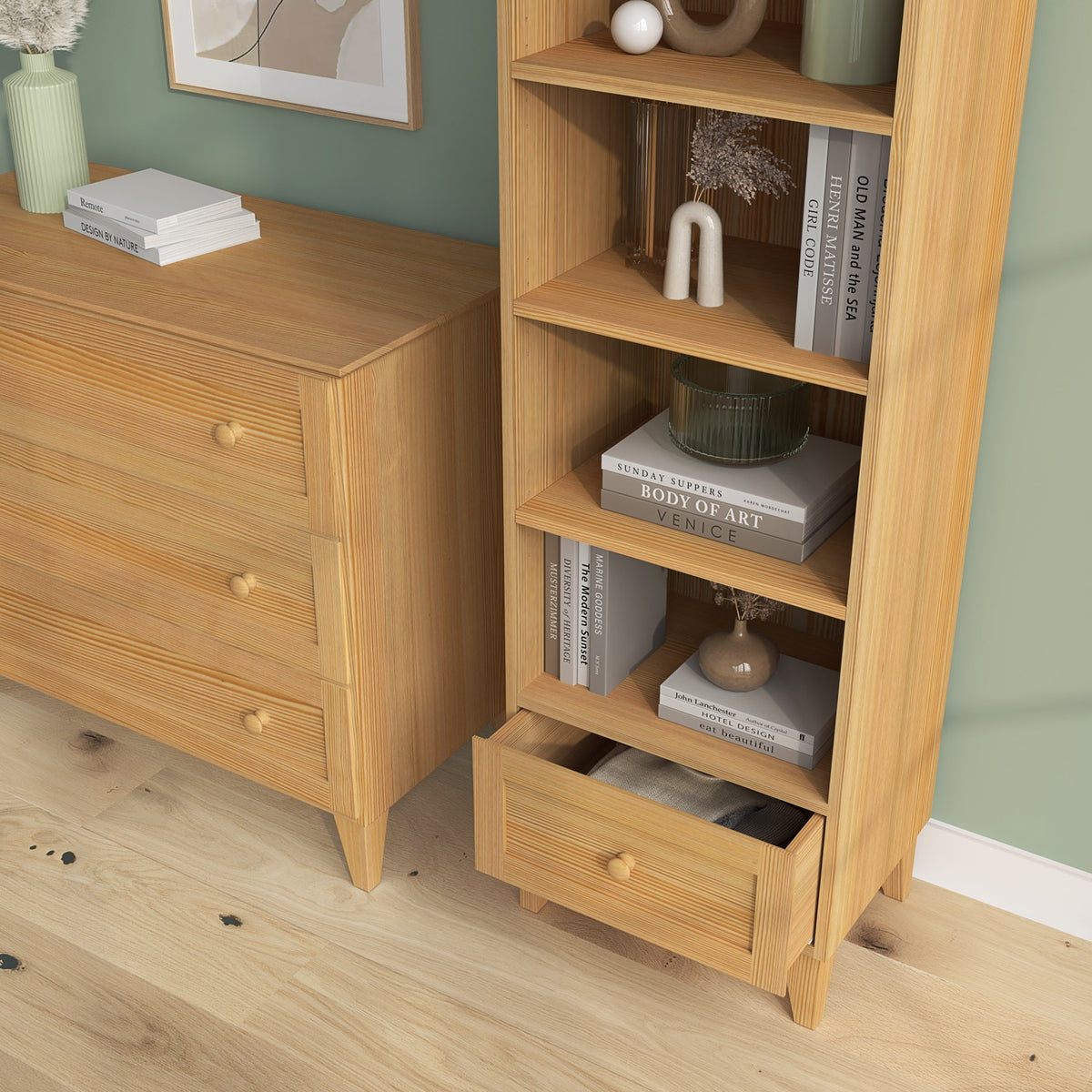Bookcase 1S pine natural pine – open drawer, storage for small items