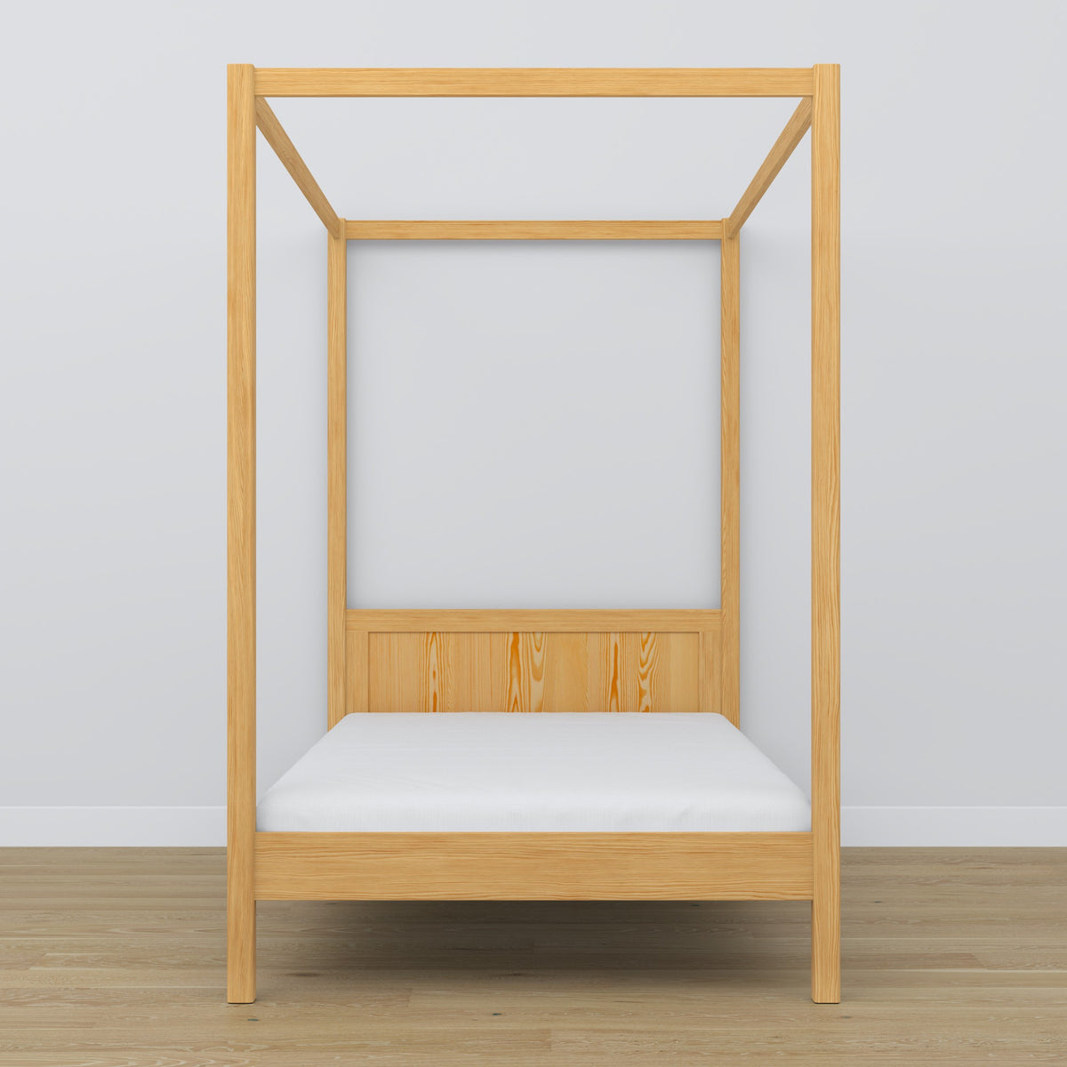 Wooden natural pine canopy bed – close-up of canopy and headboard