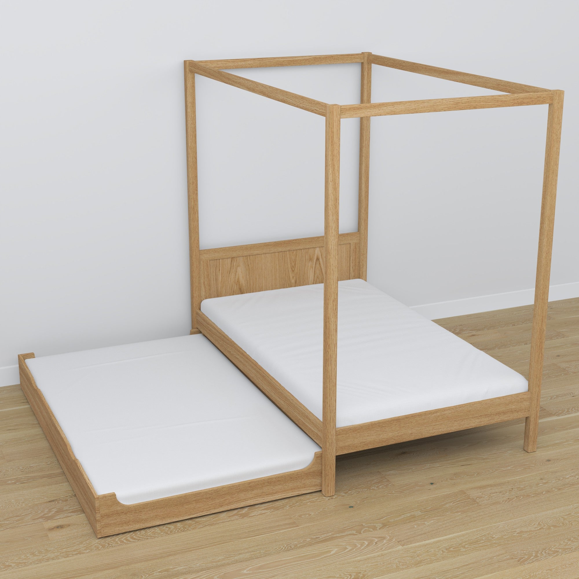 Oak canopy bed natural oak – extended drawer, guest sleeping space