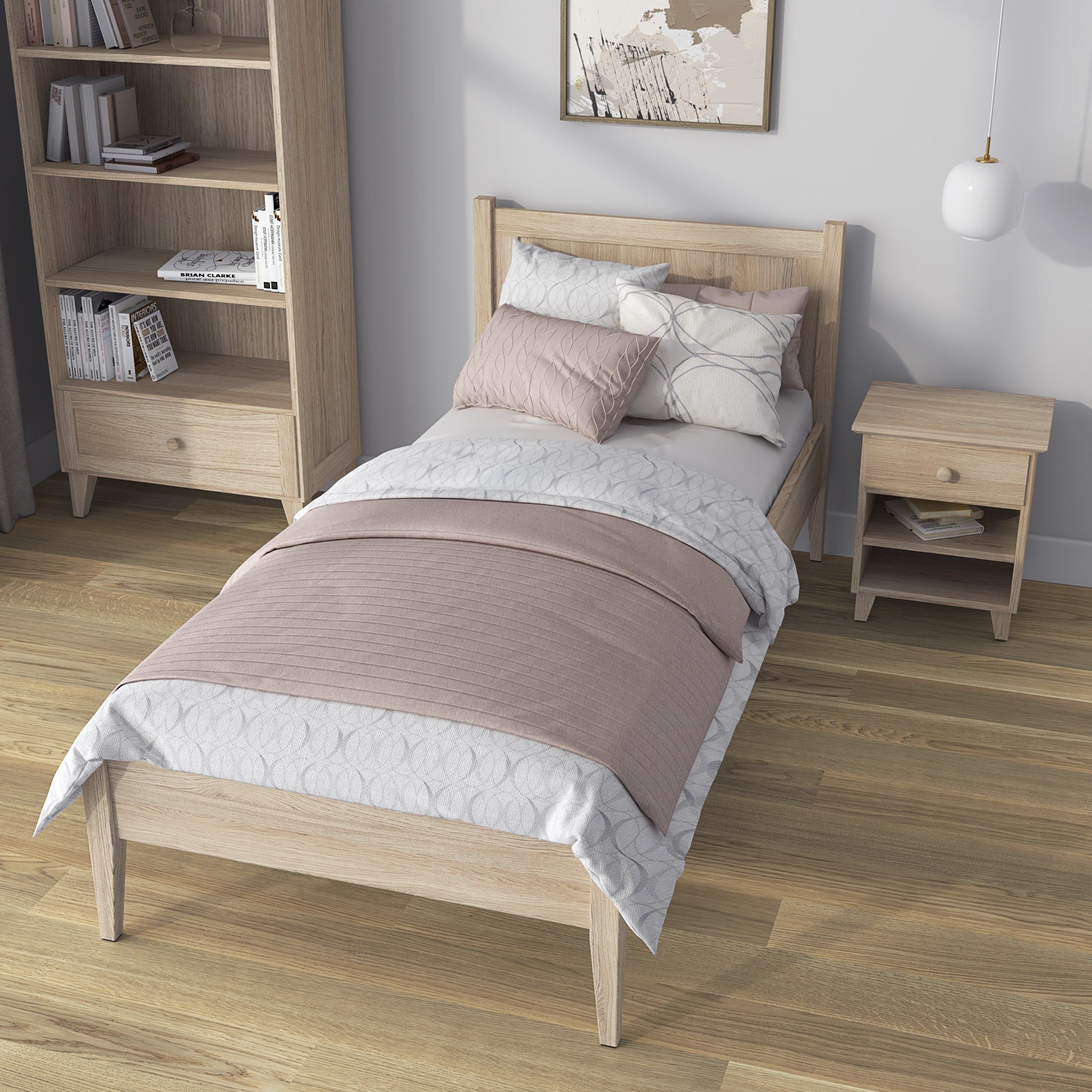 Bedside table N02 bleached oak – oak wood, front view, Nizio Home
